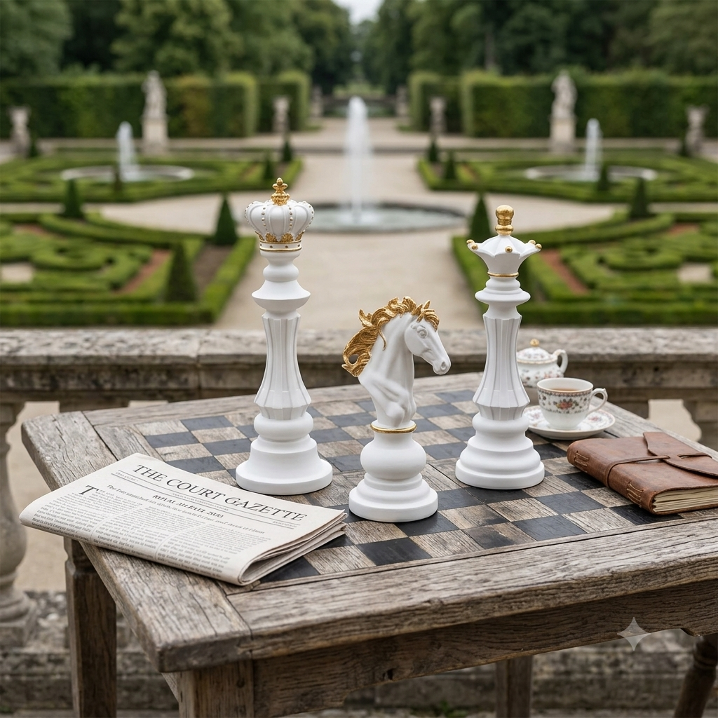 Set 3 Piese Șah Decorative — Rege, Regină, Cal — Alb cu Detalii Aurii