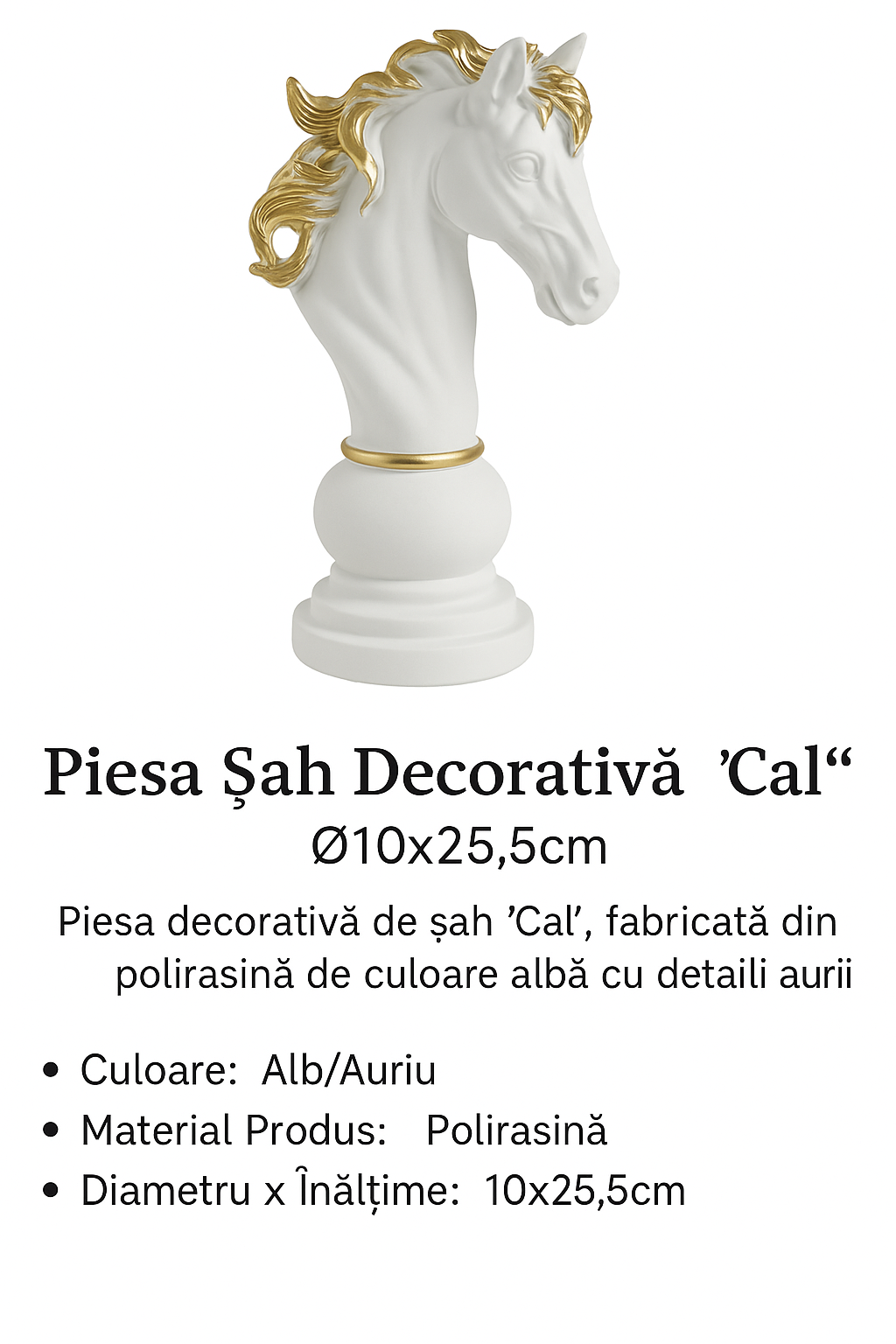 Piesă Șah Decorativă "Cal" Alb cu Detalii Aurii Ø10x25.5cm