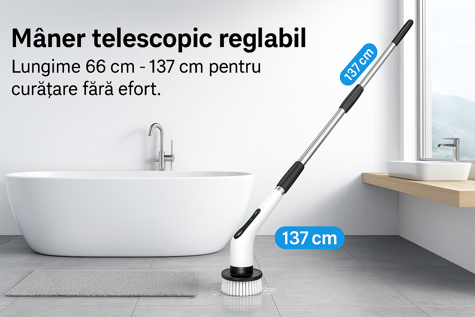 Perie Electrica Rotativa S-Eye, 9 Capete Interschimbabile, 450 RPM, 2 Trepte Viteza, Maner Extensibil 137 cm, Autonomie 90 min, Incarcare USB – Curatenie Rapida Baie, Bucatarie, Auto
