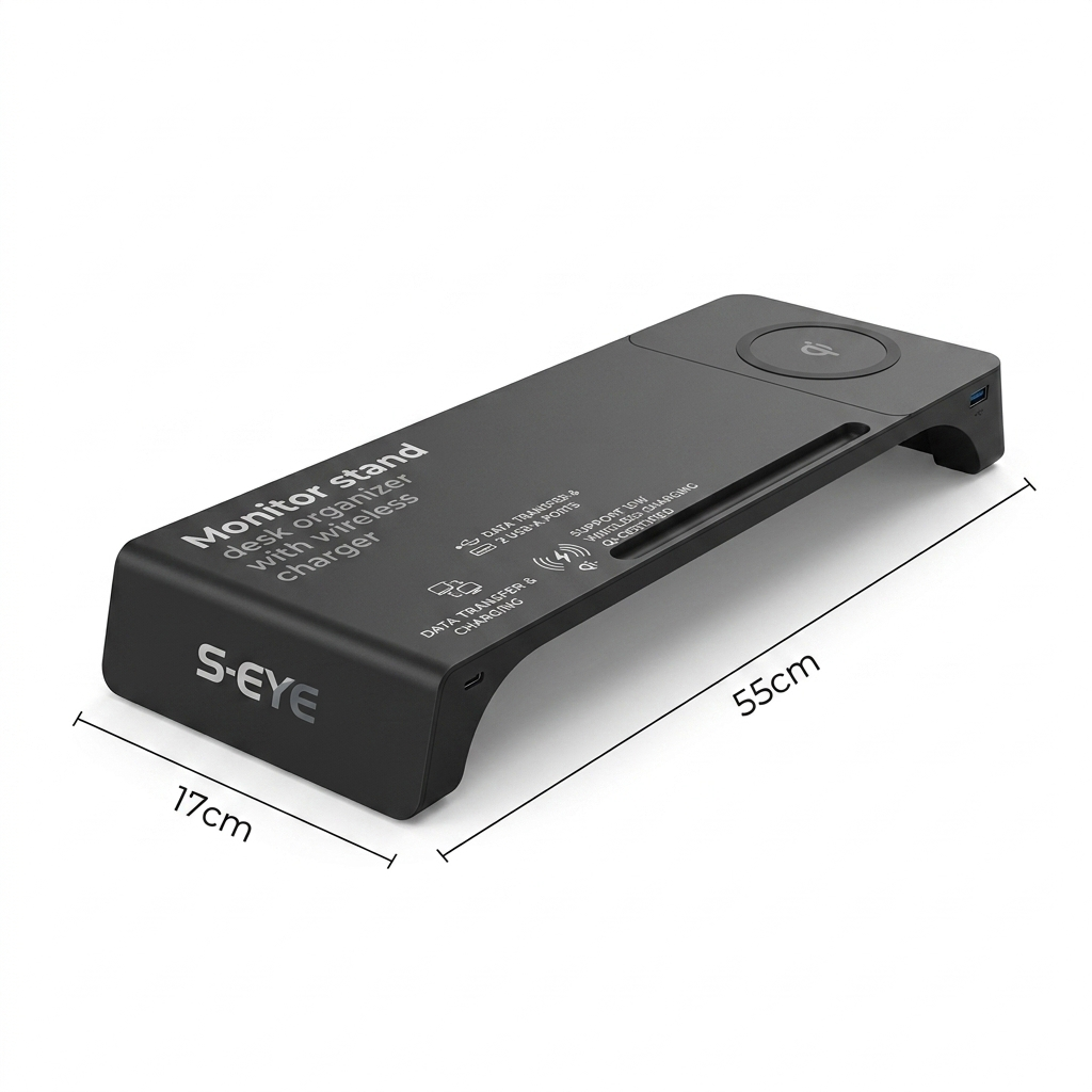 🖥️ Suport Monitor S-Eye cu Incarcare Wireless 15W, 2 x USB-A si Organizator Birou 55cm