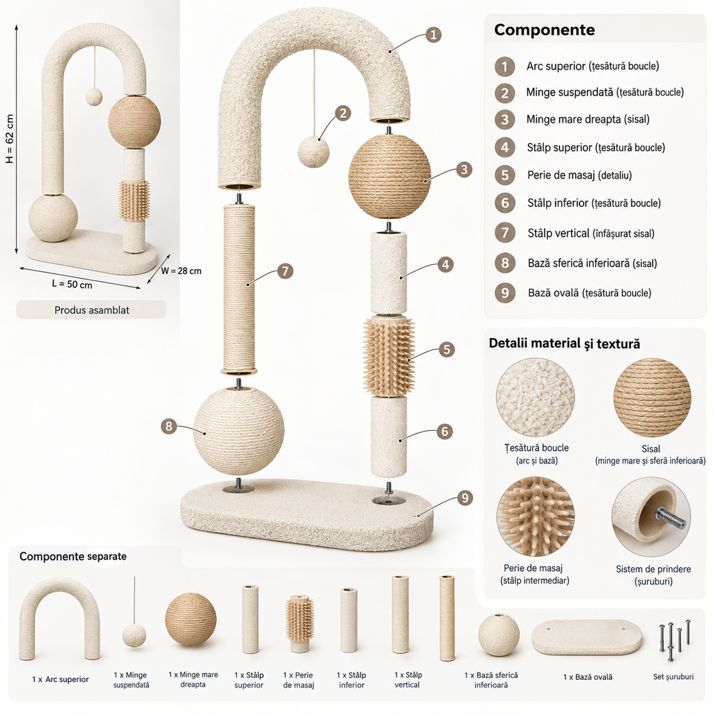 Stâlp de zgâriat pentru pisici din material teddy cu jucărie și suprafețe de sisal, 65 cm – imaginea 6