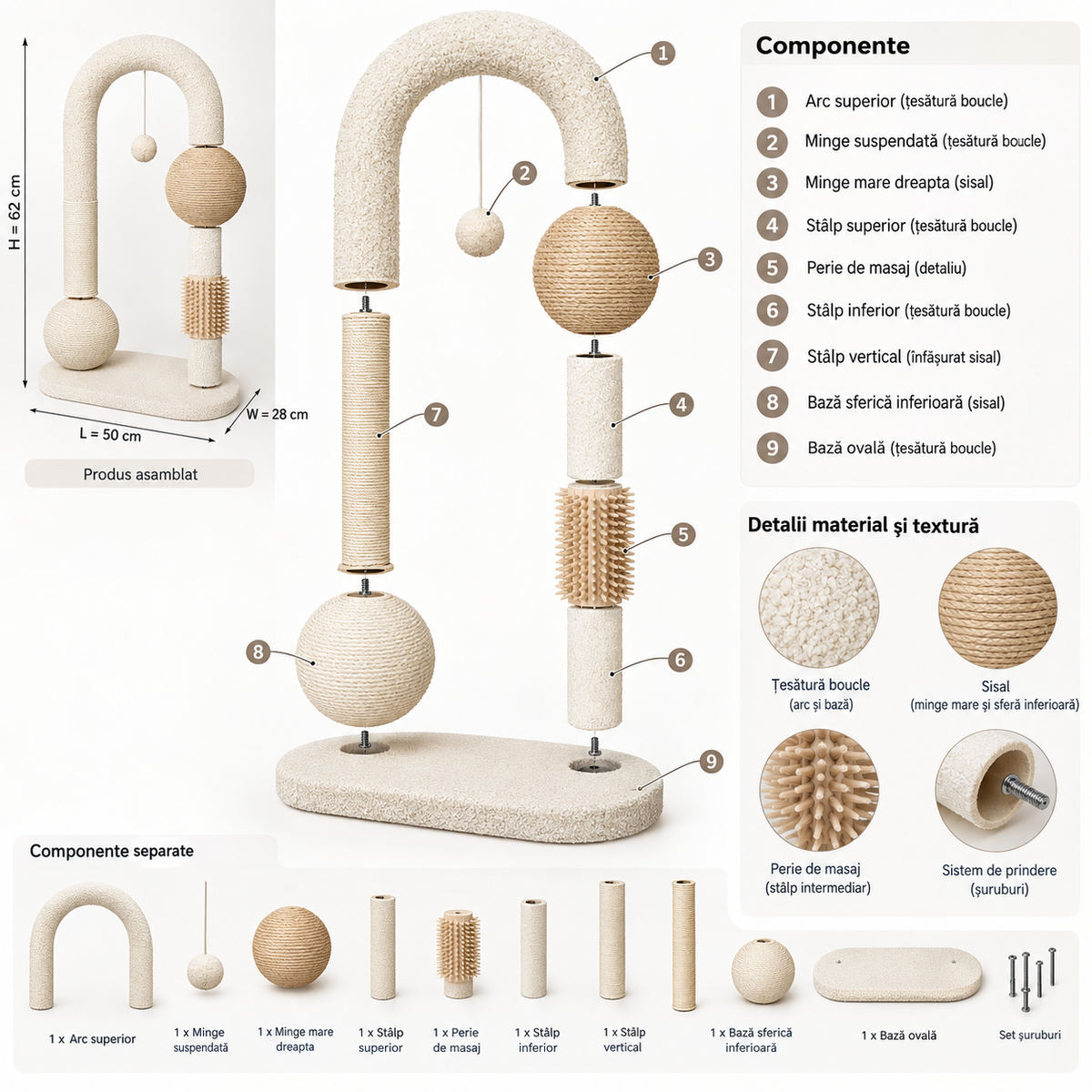 Stâlp de zgâriat pentru pisici din material teddy cu jucărie și suprafețe de sisal, 65 cm – imaginea 6