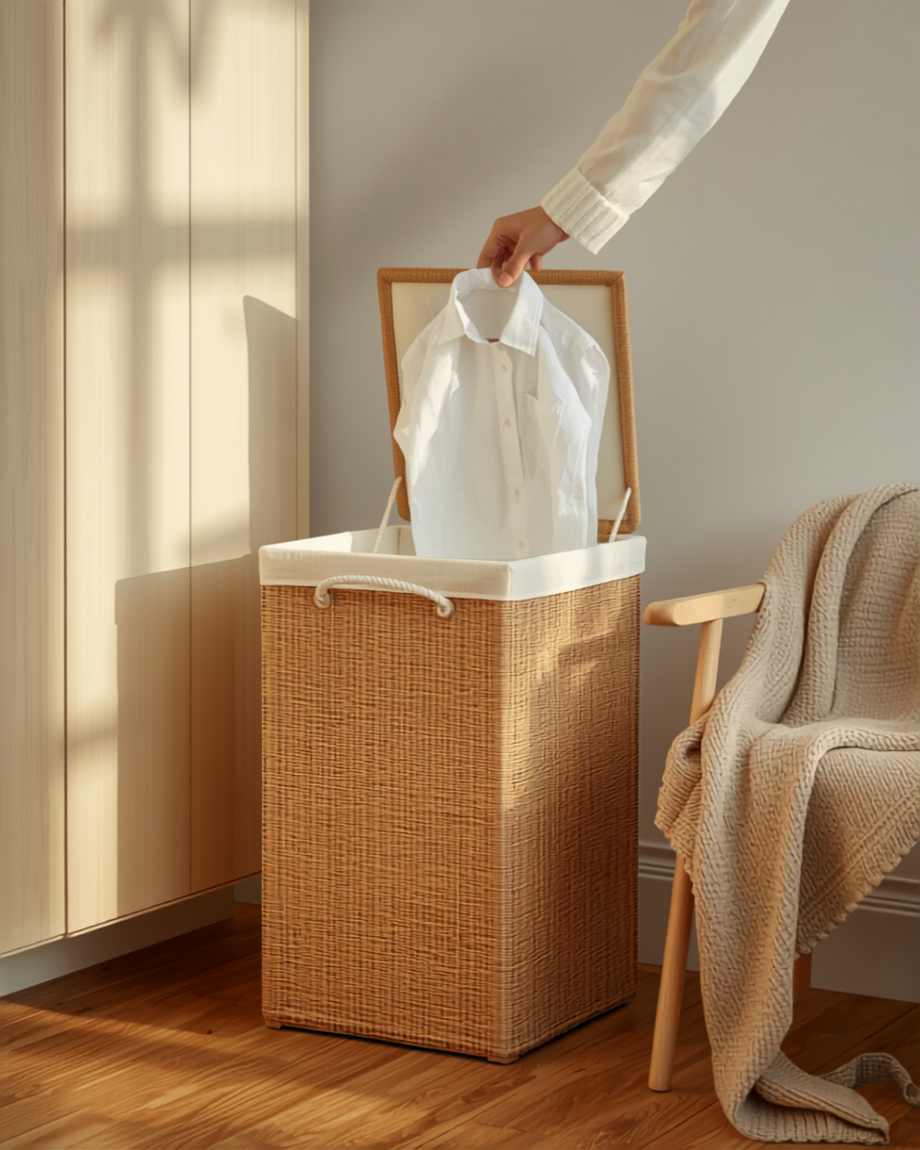 🧺 Coș de Rufe din Bambus 60L cu Capac și Căptușeală Textilă – 41,5x30x50 cm