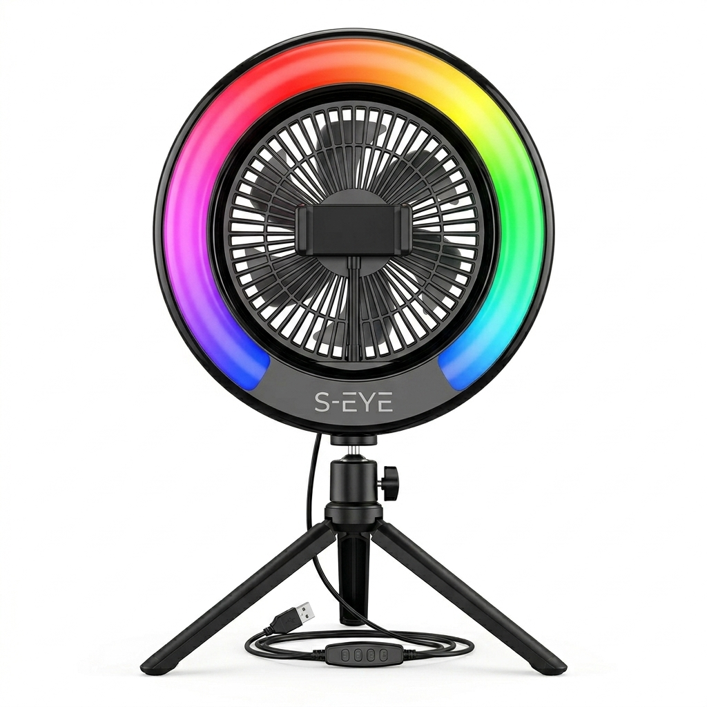 S-Eye Lampa Inel Selfie Ring Light cu Ventilator si Trepied, 9 Culori RGB, Lumina Reglabila, 2.5W USB, 255mm, pentru TikTok Vlog Live Streaming