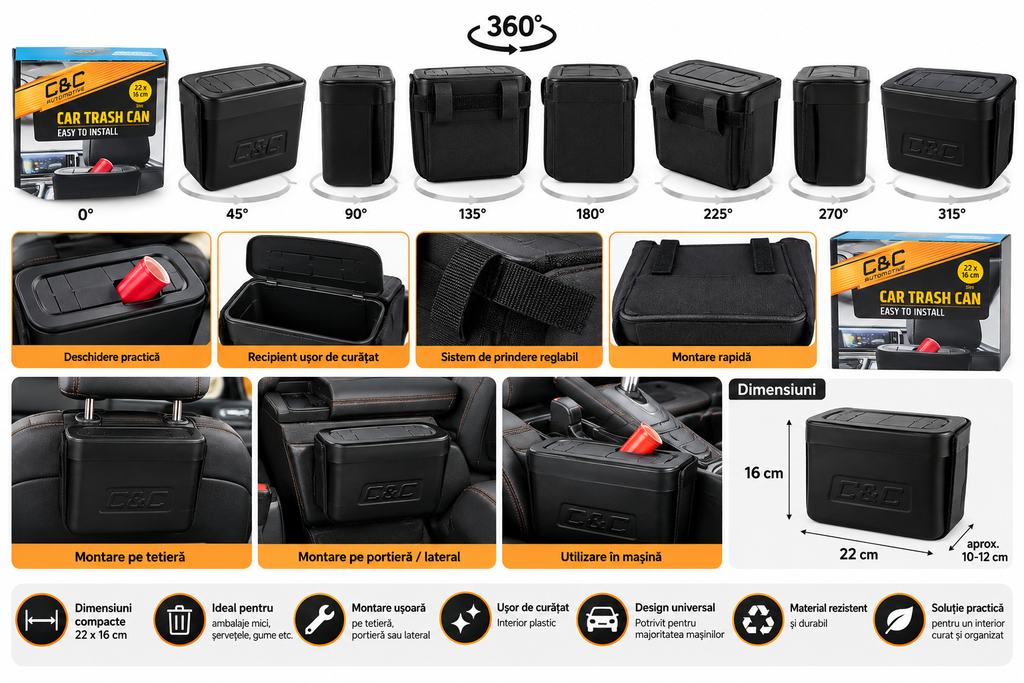🚗 Coș de Gunoi Auto C&C Automotive 22x16 cm – Montaj pe Portieră sau Tetieră, 2 Adaptoare
