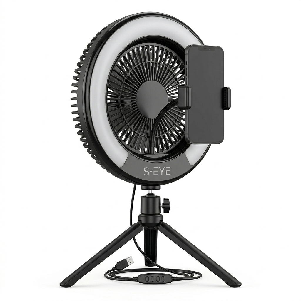 S-Eye Lampa Inel Selfie Ring Light cu Ventilator si Trepied, 9 Culori RGB, Lumina Reglabila, 2.5W USB, 255mm, pentru TikTok Vlog Live Streaming