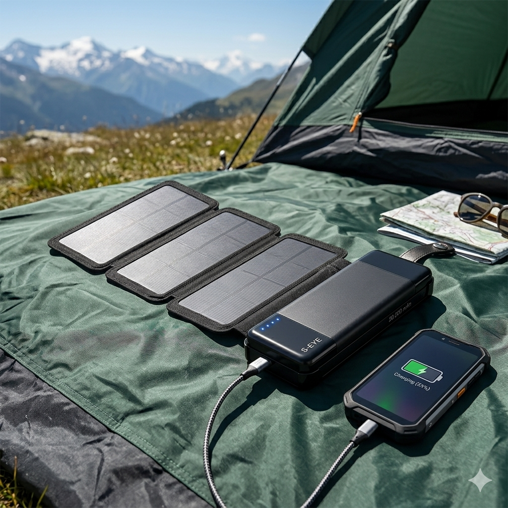 Baterie Externă Solară S-Eye 20.000 mAh — 4 Panouri Pliabile, Power Delivery 20W, USB-A + USB-C