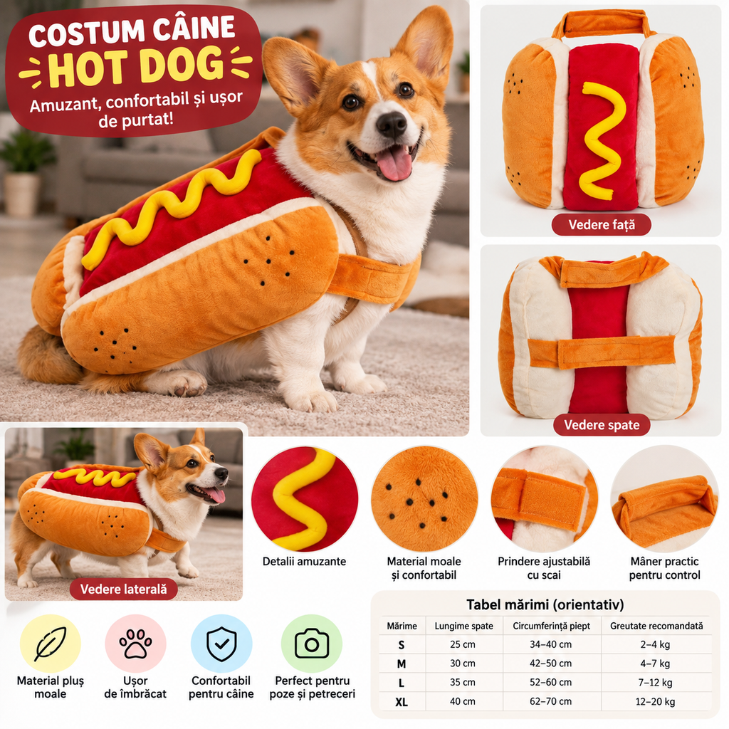 🌭 Costum Hot Dog pentru Câini – Deghizare Amuzantă de Carnaval (One Size)