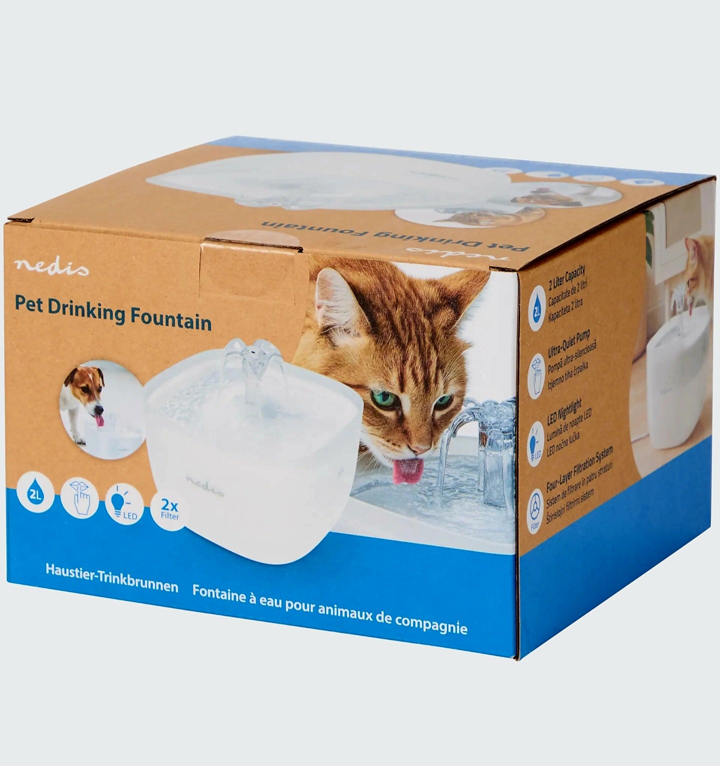 🐱 Fântână Adăpare Automată Nedis 2L – Pisici & Câini, Pompă Silențioasă, Filtru 4 Straturi, LED, USB