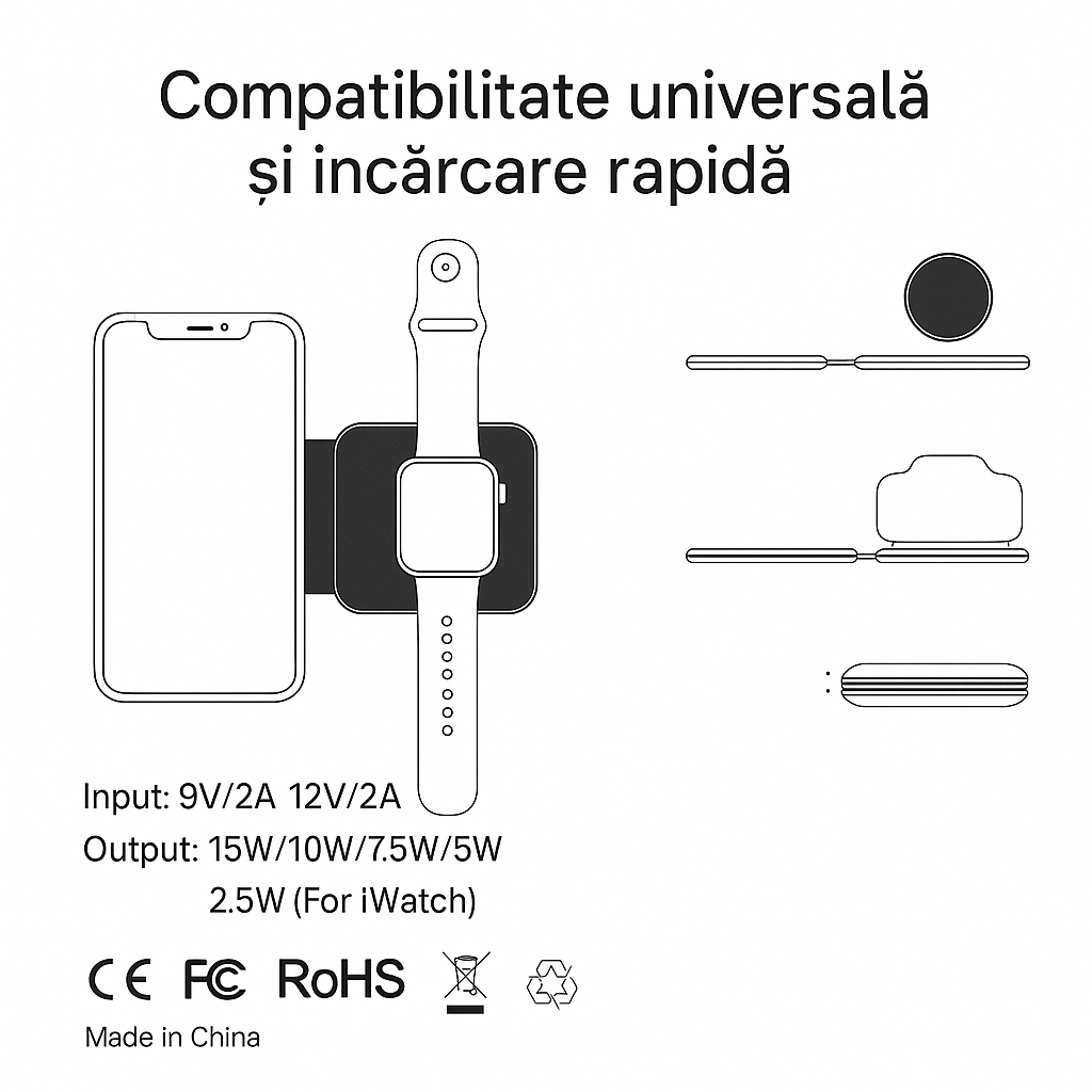 Incarcator Wireless 2in1 S-Eye DuoFold 15W, Fast Charging, USB-C, Telefon si Apple Watch, AirPods, Pliabil, Compatibil Qi – iPhone Samsung