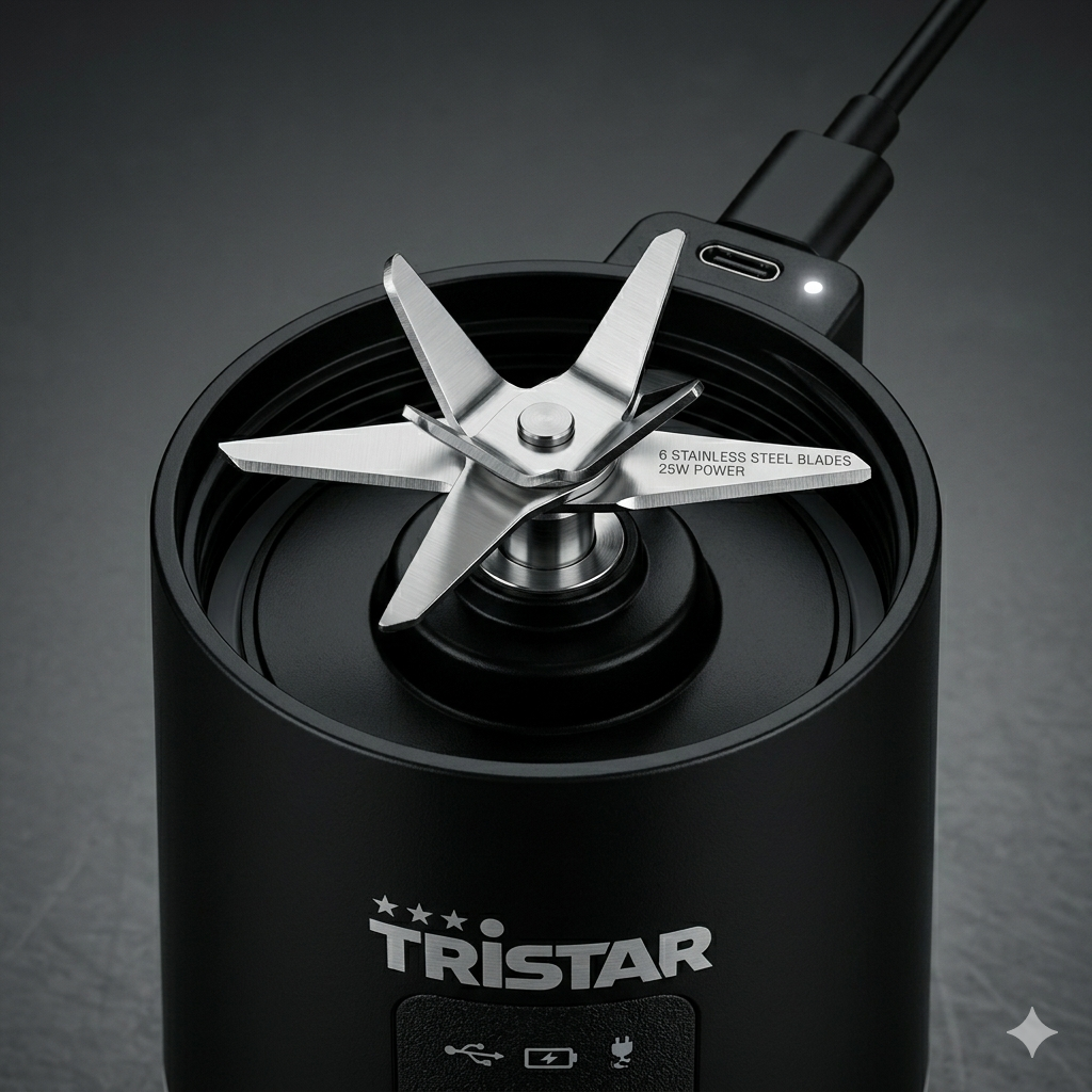 Blender Portabil Tristar PD-4981Z 🍓 380 ml, 25 W, 6 Lame Inox, Reîncărcabil USB, Recipient din Sticlă