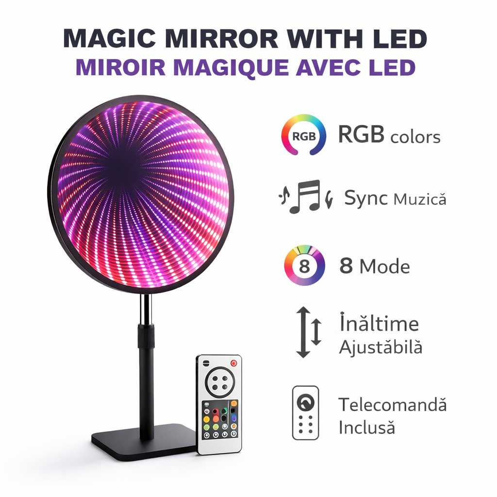 Oglindă Magică cu LED S-Eye RGB – Efect Tunel Infinit, Reacție la Muzică, 8 Moduri, Telecomandă Inclusă, Înălțime Reglabilă