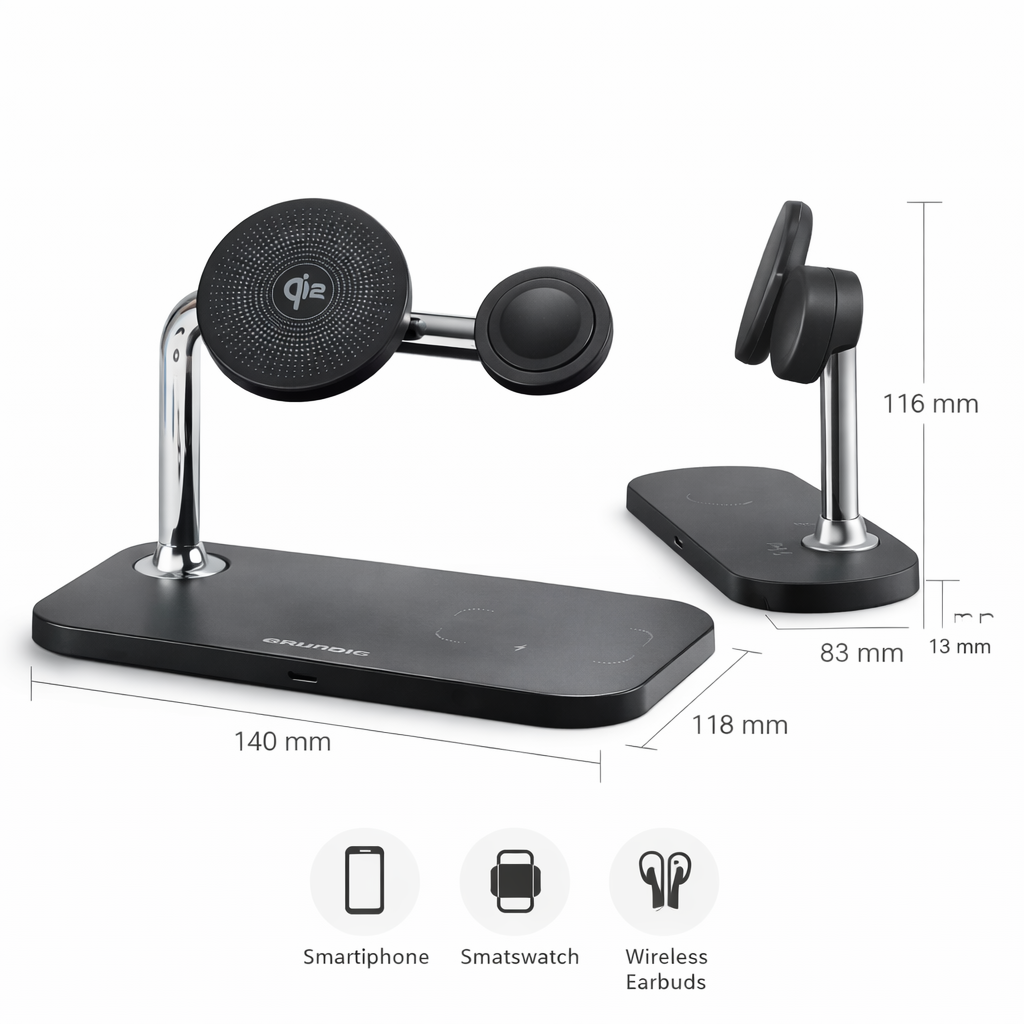 Statie de Incarcare Wireless Grundig Qi2 3 in 1, 15W, compatibila Telefon Smartwatch Casti