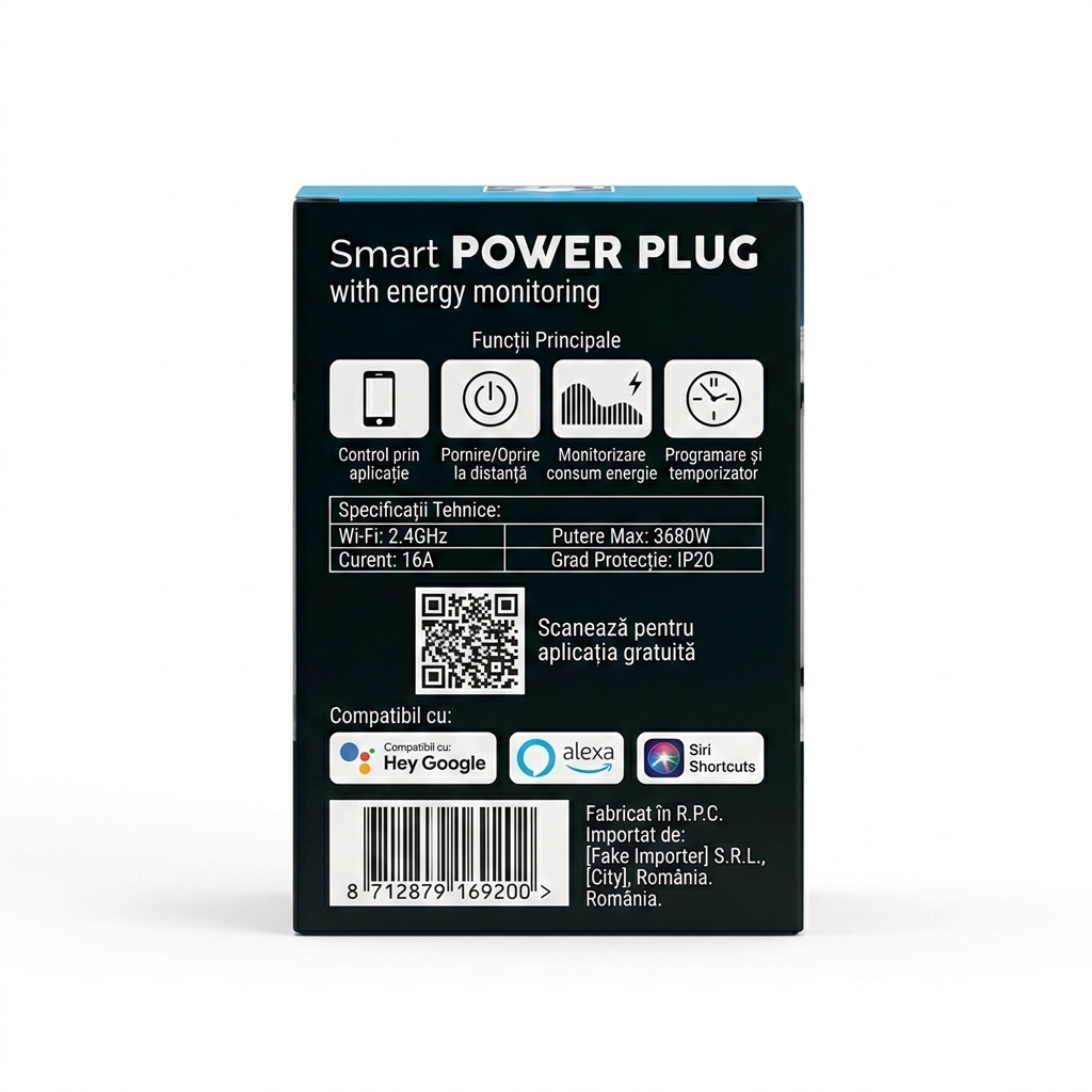 Priză Inteligentă S-Eye Smart Power Plug WiFi – Monitorizare Energie, 16A 3680W, Google Home & Alexa