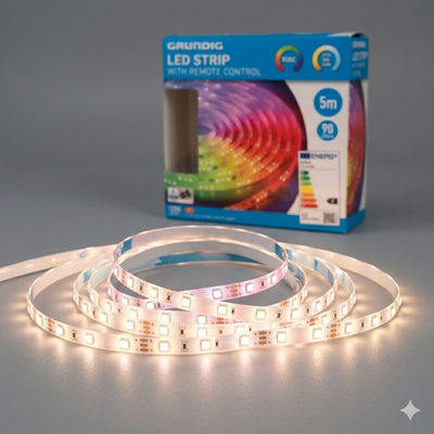 Grundig Bandă LED RGBIC 5m cu Telecomandă | Multicolor + Alb Reglabil CCT | 90 LED/m | 1200 Lumeni