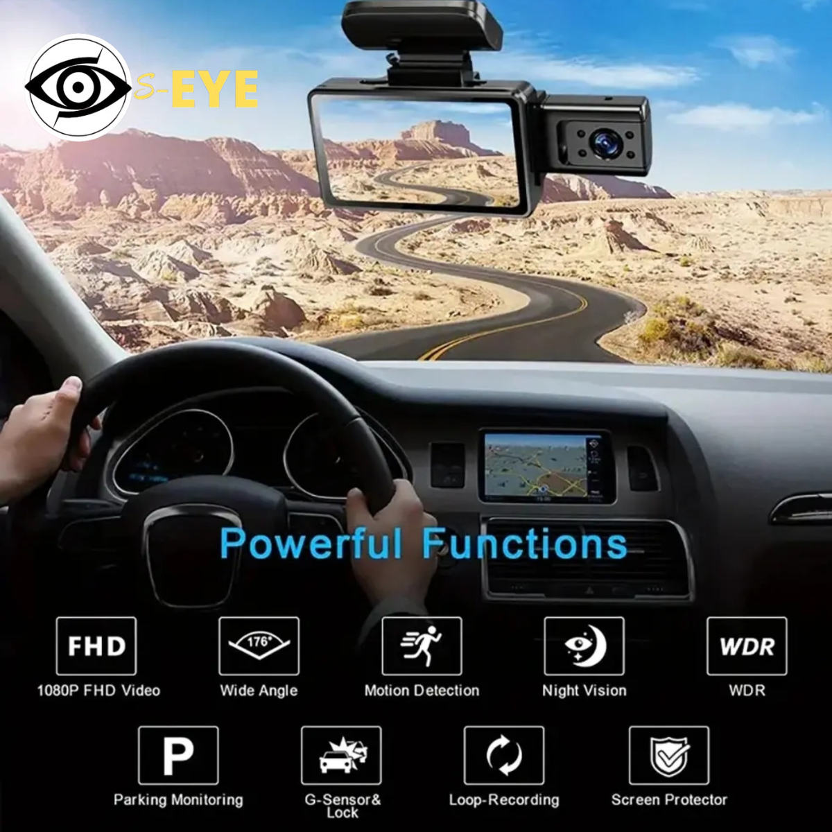 Camera Auto DVR S-Eye PRO Dubla Full HD 1080P, 170°, G-Sensor, Camera Spate Inclusa, Inregistrare in Bucla, Viziune Nocturna, Pornire Automata