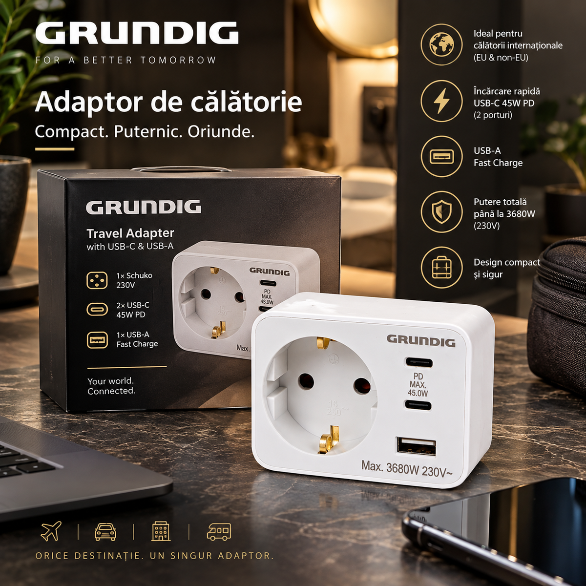 Adaptor priză Grundig cu 3 porturi USB, 45W