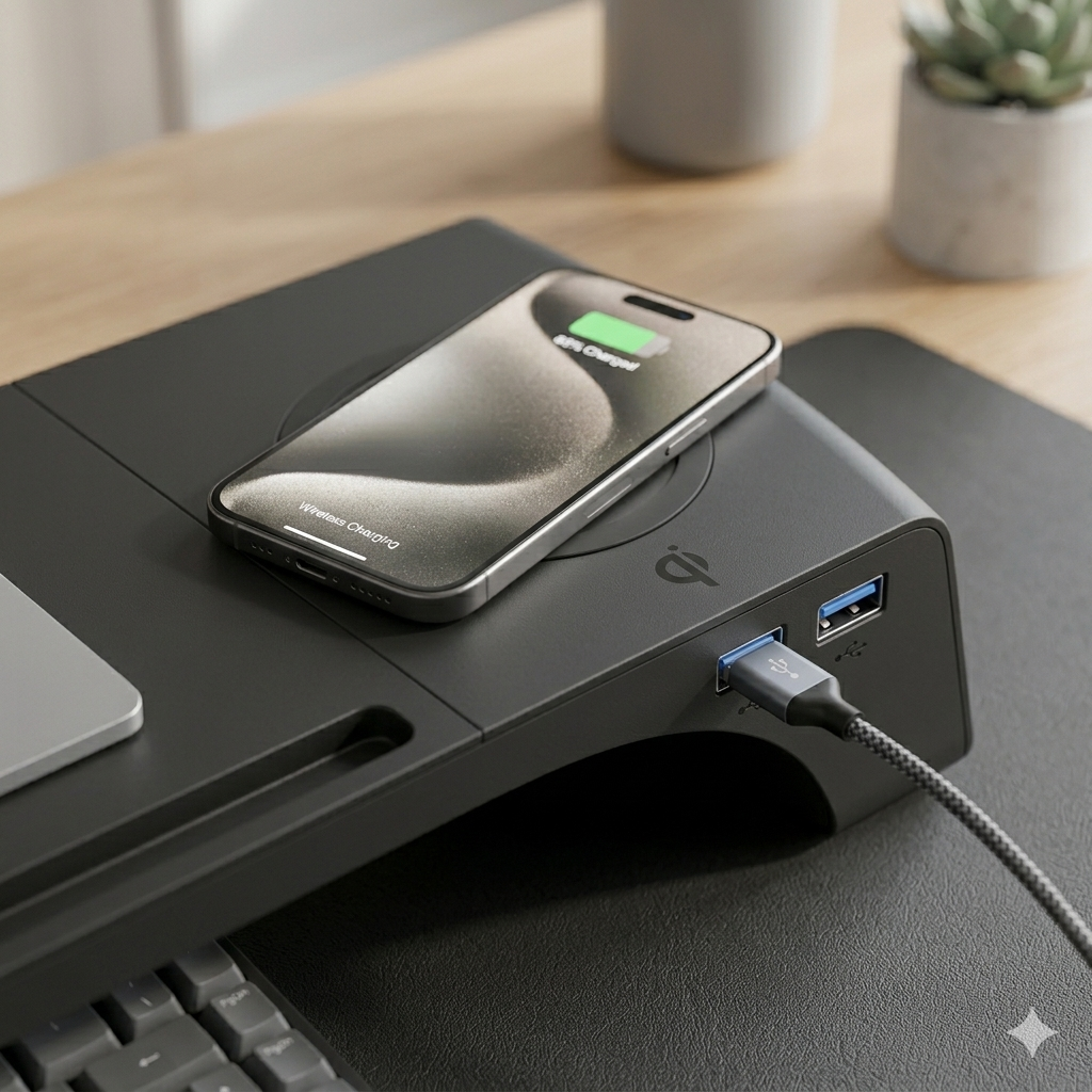 🖥️ Suport Monitor S-Eye cu Incarcare Wireless 15W, 2 x USB-A si Organizator Birou 55cm