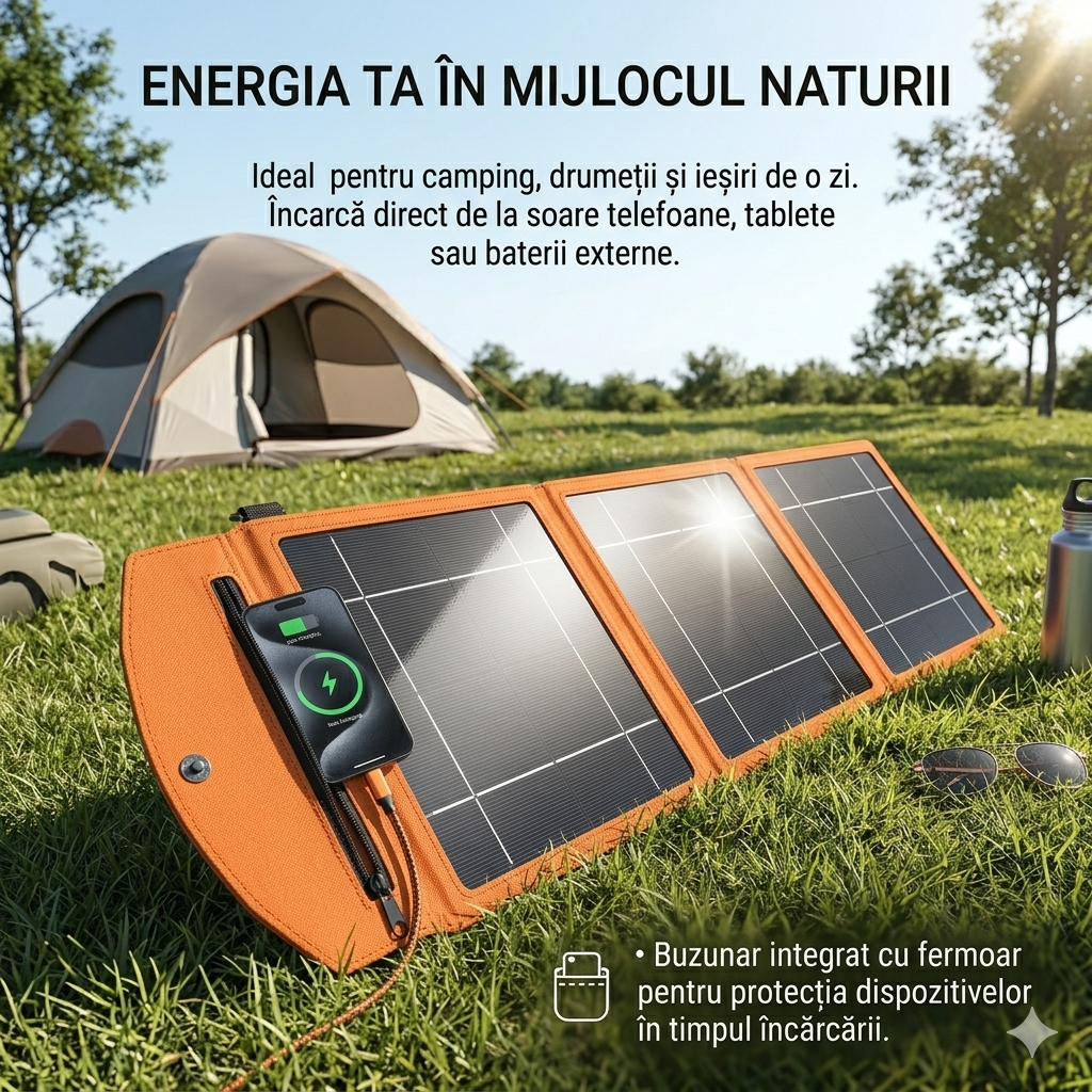 ☀️ Panou Solar Portabil Pliabil S-Eye 28W | Power Delivery | USB-C + USB-A | IPX4 | Camping & Aventura