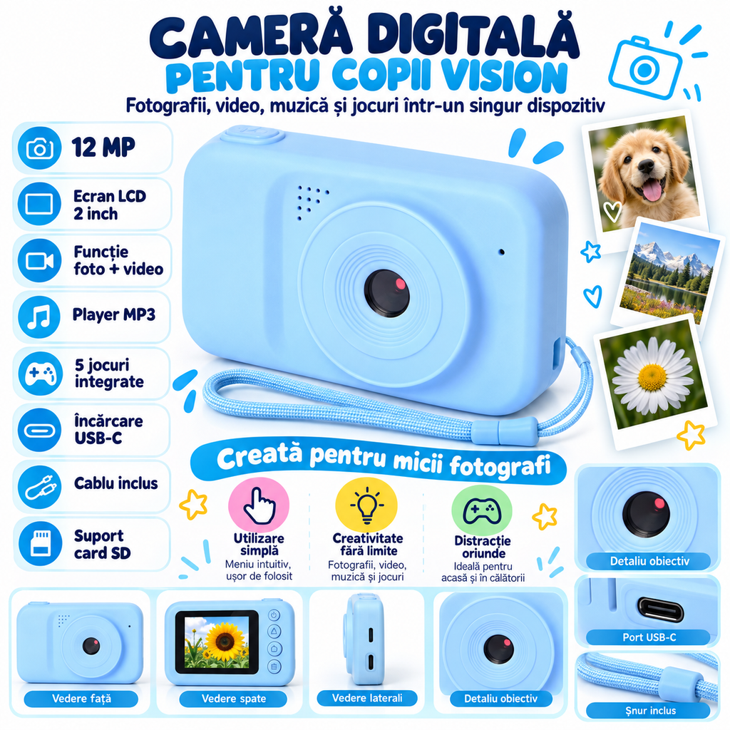 Cameră foto digitală pentru copii Vision 12MP cu ecran 2 inch