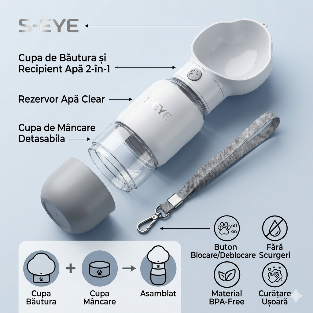 Sticla Portabila S-Eye 2 in 1 pentru Caini, Recipient Apa si Hrana cu Bol Detasabil, Buton On/Off Anti-Scurgere, 350 ml + 250 ml, Alb