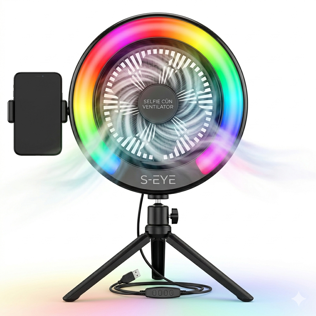 S-Eye Lampa Inel Selfie Ring Light cu Ventilator si Trepied, 9 Culori RGB, Lumina Reglabila, 2.5W USB, 255mm, pentru TikTok Vlog Live Streaming