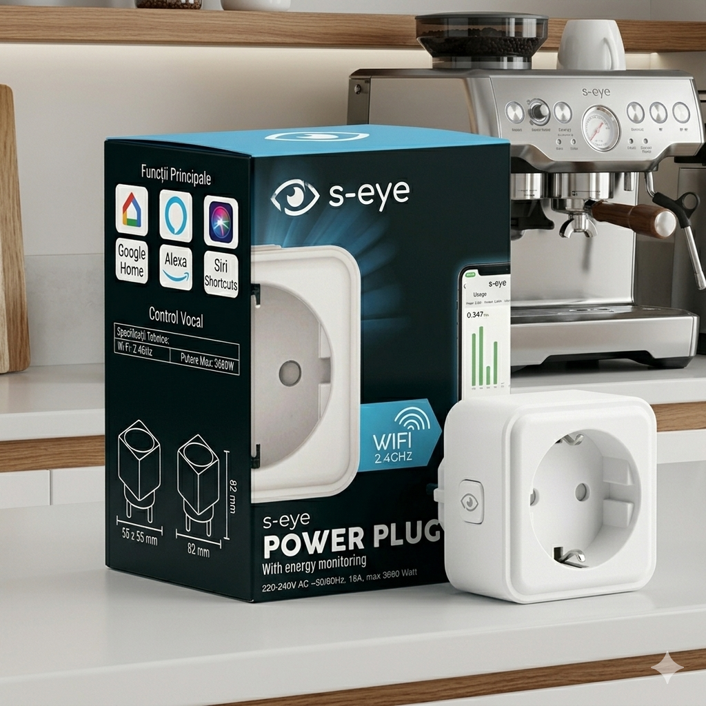 Priză Inteligentă S-Eye Smart Power Plug WiFi – Monitorizare Energie, 16A 3680W, Google Home & Alexa