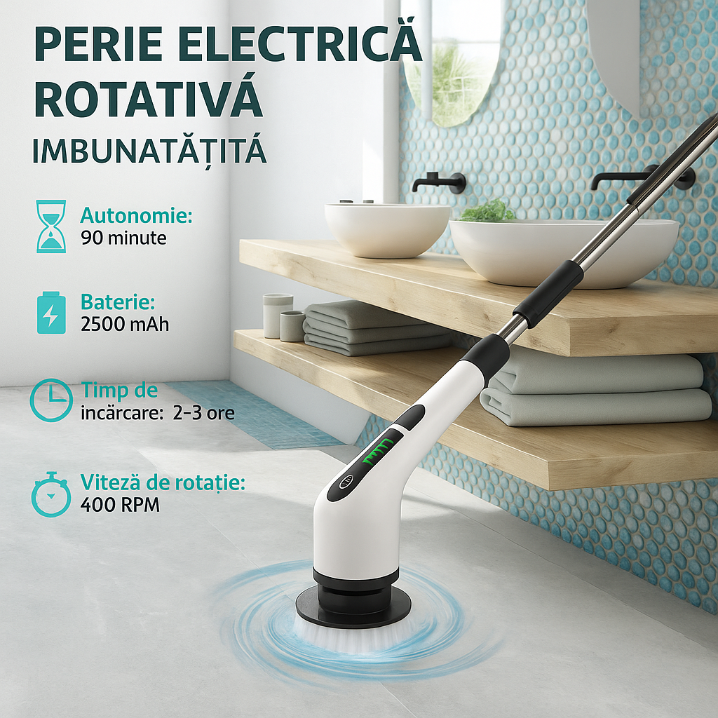 Perie Electrica Rotativa S-Eye, 9 Capete Interschimbabile, 450 RPM, 2 Trepte Viteza, Maner Extensibil 137 cm, Autonomie 90 min, Incarcare USB – Curatenie Rapida Baie, Bucatarie, Auto