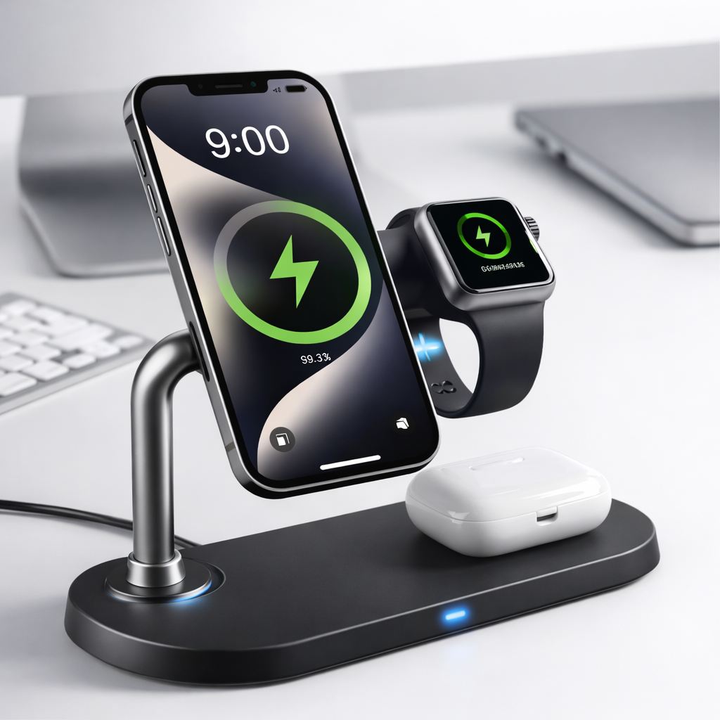 Statie de Incarcare Wireless Grundig Qi2 3 in 1, 15W, compatibila Telefon Smartwatch Casti