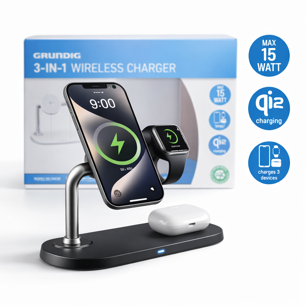Statie de Incarcare Wireless Grundig Qi2 3 in 1, 15W, compatibila Telefon Smartwatch Casti