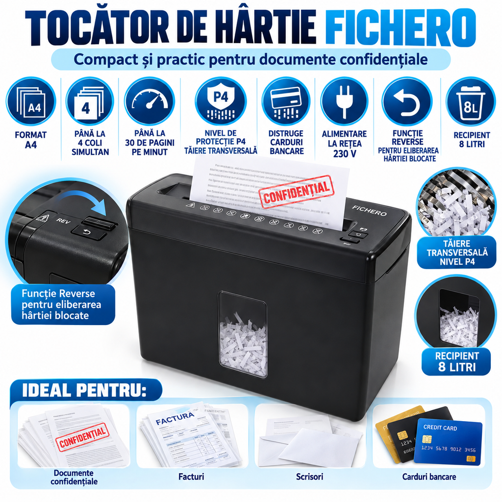 🗄️ Tocător de Hârtie Cross-Cut P4 – Coș 8L, 30 Pagini/Minut, Taie și Carduri, Mâner Transport