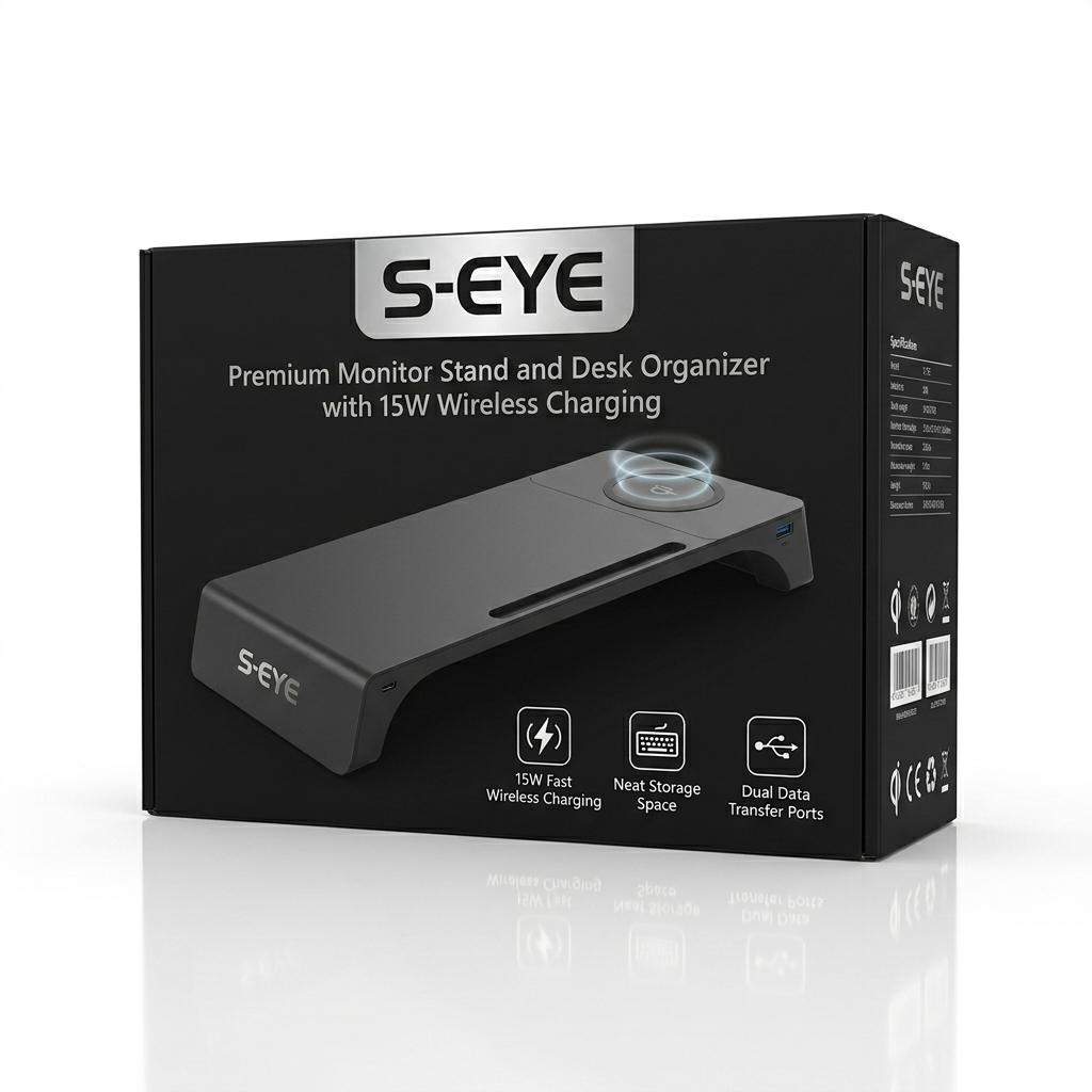 🖥️ Suport Monitor S-Eye cu Incarcare Wireless 15W, 2 x USB-A si Organizator Birou 55cm