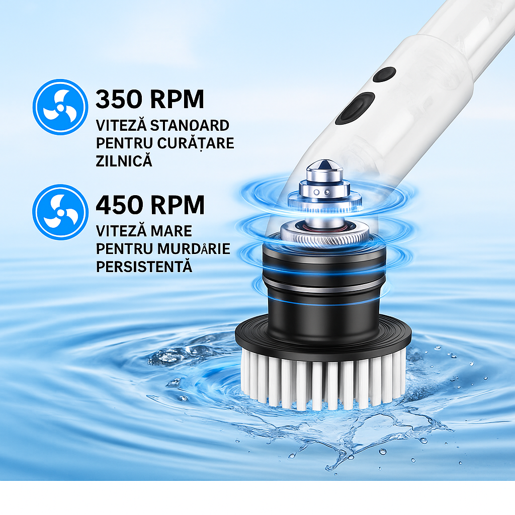 Perie Electrica Rotativa S-Eye, 9 Capete Interschimbabile, 450 RPM, 2 Trepte Viteza, Maner Extensibil 137 cm, Autonomie 90 min, Incarcare USB – Curatenie Rapida Baie, Bucatarie, Auto