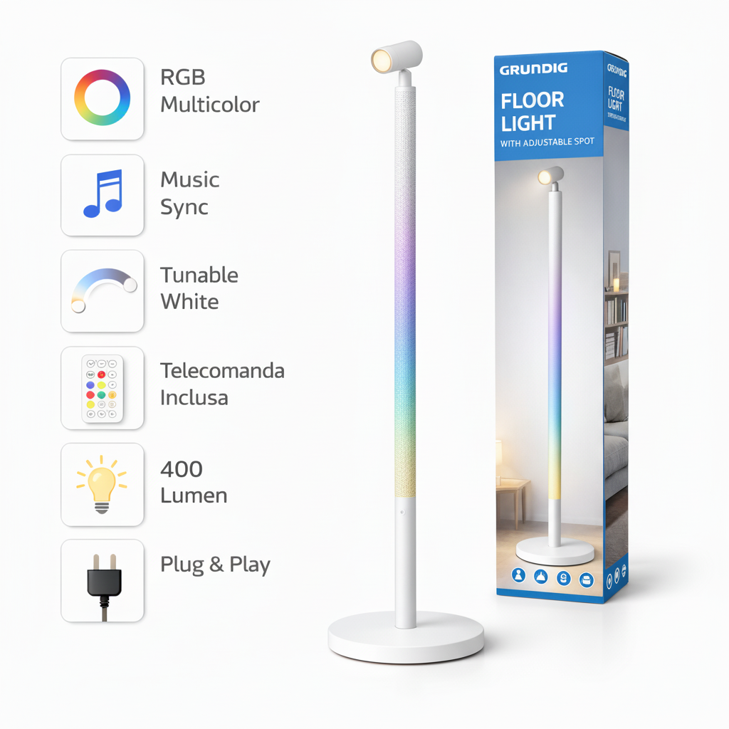 Grundig Floor Light cu Spot Reglabil RGB + Alb Reglabil | Lampa de Podea LED cu Telecomanda si Sincronizare Muzica