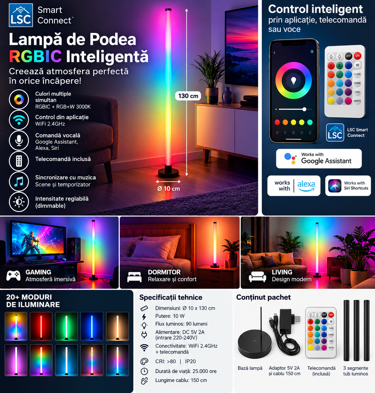 Lampă de podea RGBIC inteligentă LSC Smart Connect 130 cm