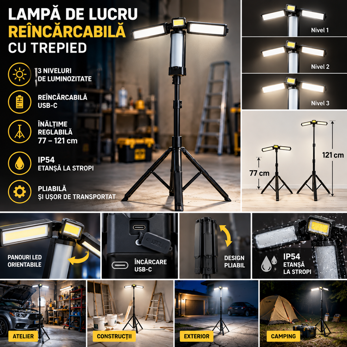 Lampă de lucru LED Werckmann 1000 lm cu trepied reglabil