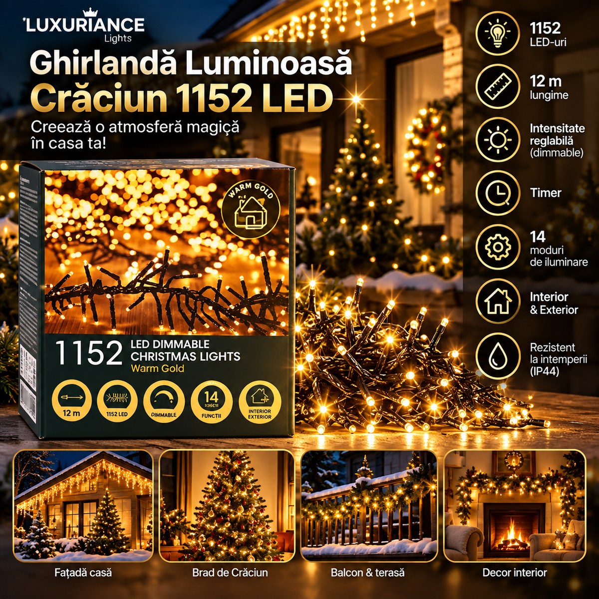 Ghirlandă luminoasă de Crăciun cu 1152 LED-uri alb cald, 12 m