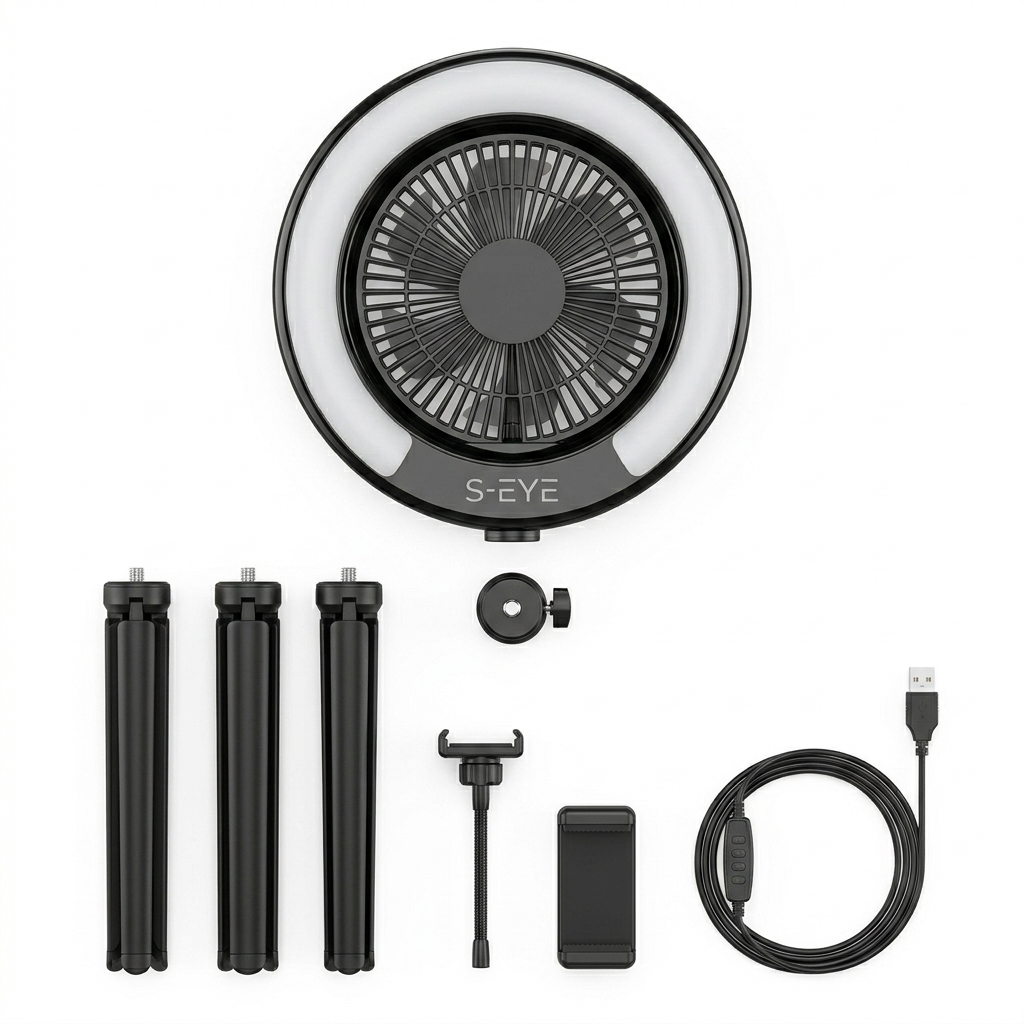 S-Eye Lampa Inel Selfie Ring Light cu Ventilator si Trepied, 9 Culori RGB, Lumina Reglabila, 2.5W USB, 255mm, pentru TikTok Vlog Live Streaming