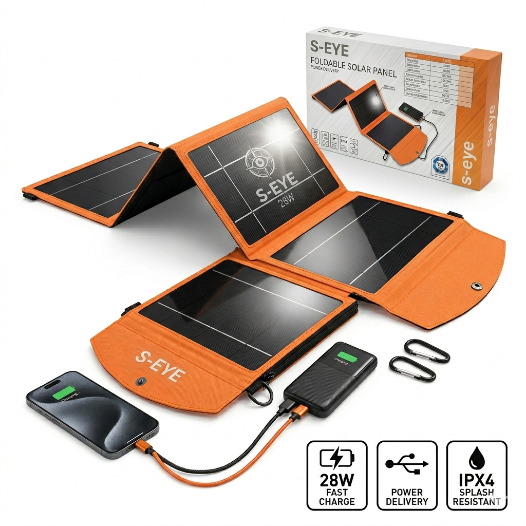 ☀️ Panou Solar Portabil Pliabil S-Eye 28W | Power Delivery | USB-C + USB-A | IPX4 | Camping & Aventura