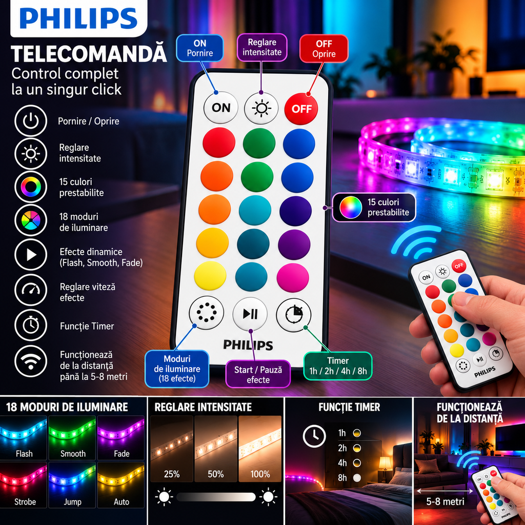 Bandă LED Philips RGB Interior 5m – 1500 lm, 24W, 256 Culori, Reglaj 10–100%, Telecomandă – imaginea 6