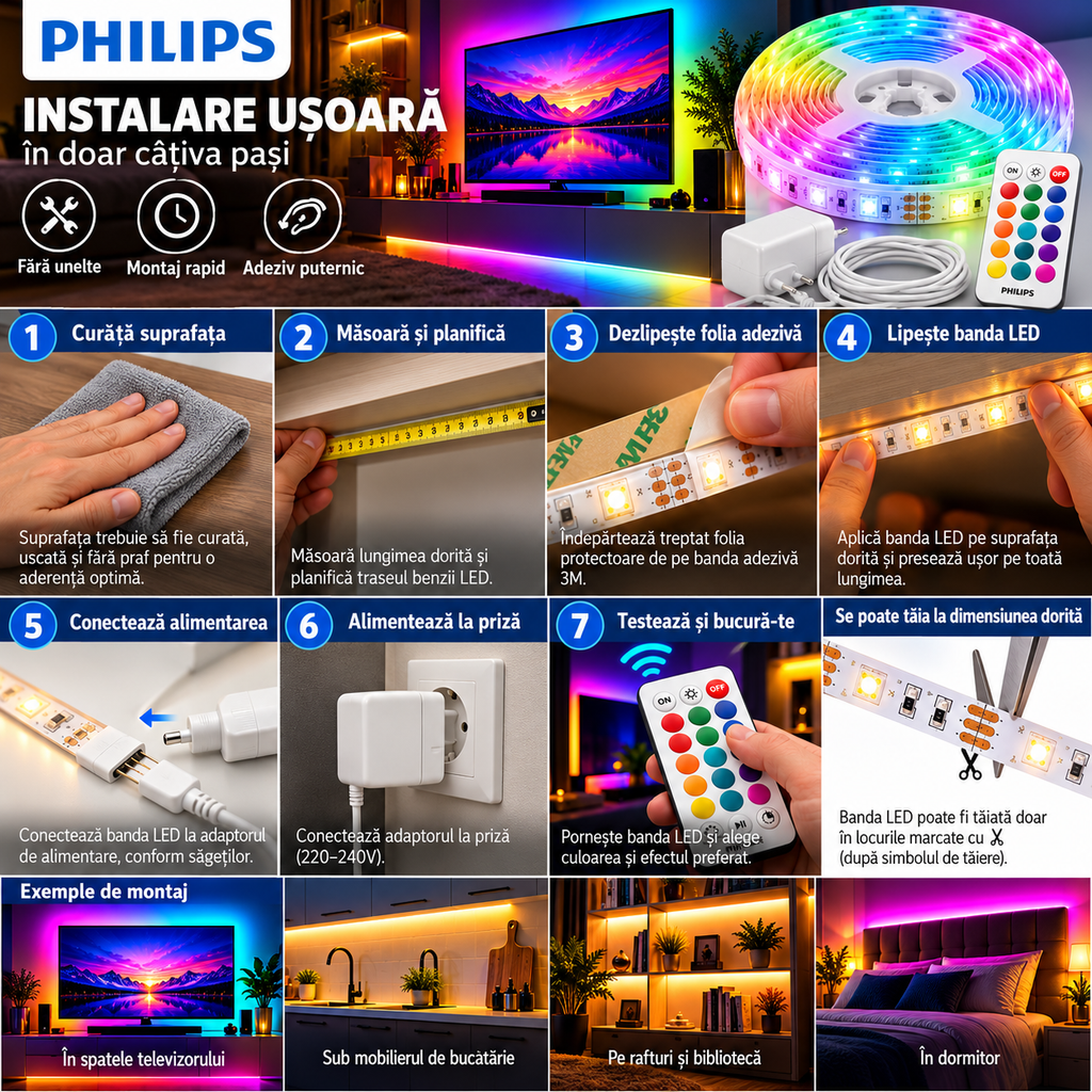 Bandă LED Philips RGB Interior 5m – 1500 lm, 24W, 256 Culori, Reglaj 10–100%, Telecomandă – imaginea 3