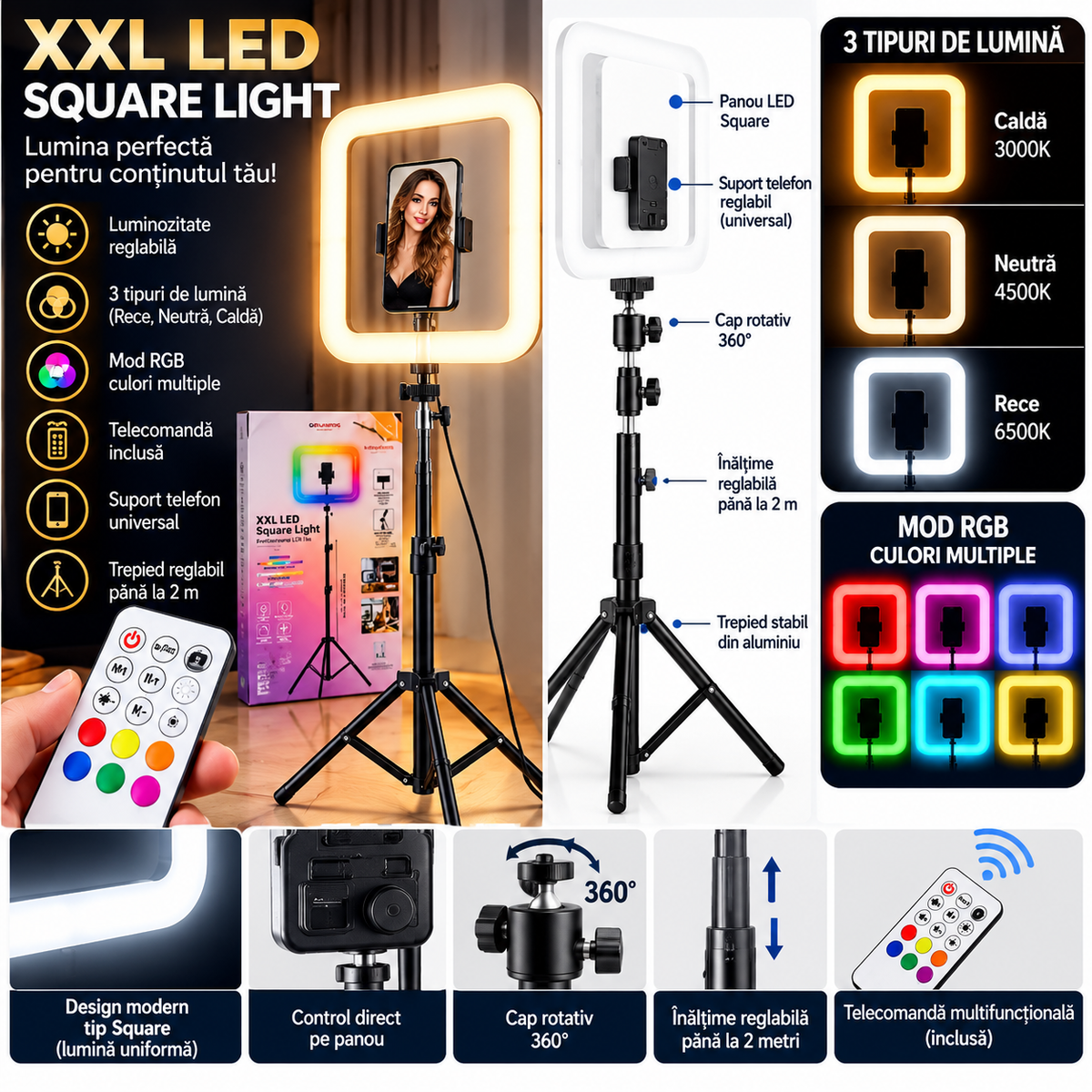 📸 Lampă LED Pătrată XXL Grundig cu Stativ 210cm – RGB, Telecomandă