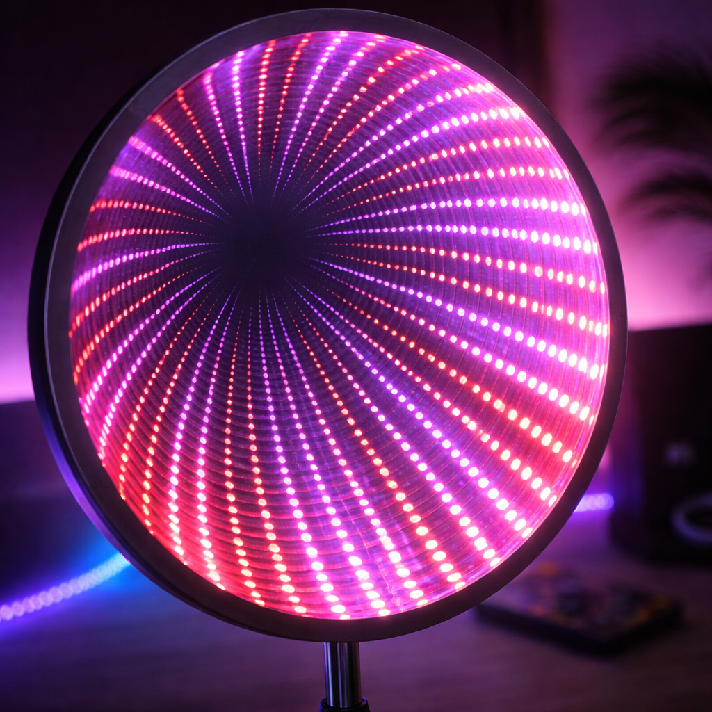 Oglindă Magică cu LED S-Eye RGB – Efect Tunel Infinit, Reacție la Muzică, 8 Moduri, Telecomandă Inclusă, Înălțime Reglabilă