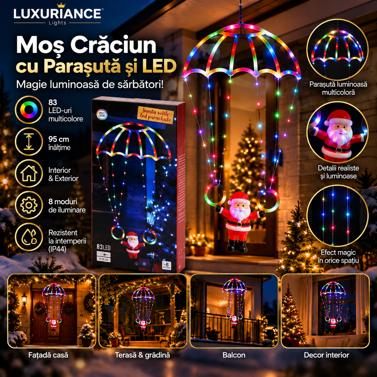 Decorațiune Moș Crăciun cu parașută și LED-uri, 95 cm