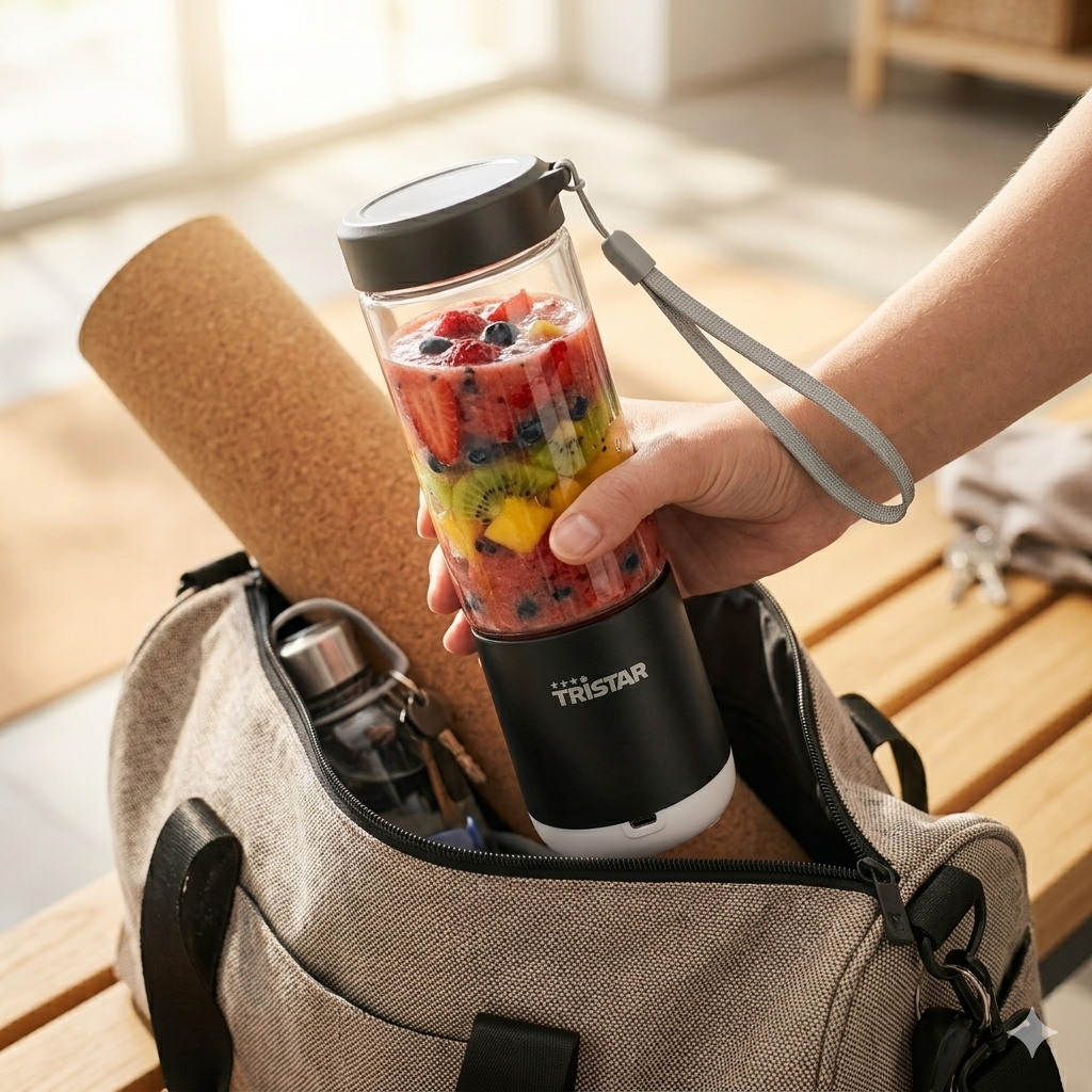 Blender Portabil Tristar PD-4981Z 🍓 380 ml, 25 W, 6 Lame Inox, Reîncărcabil USB, Recipient din Sticlă