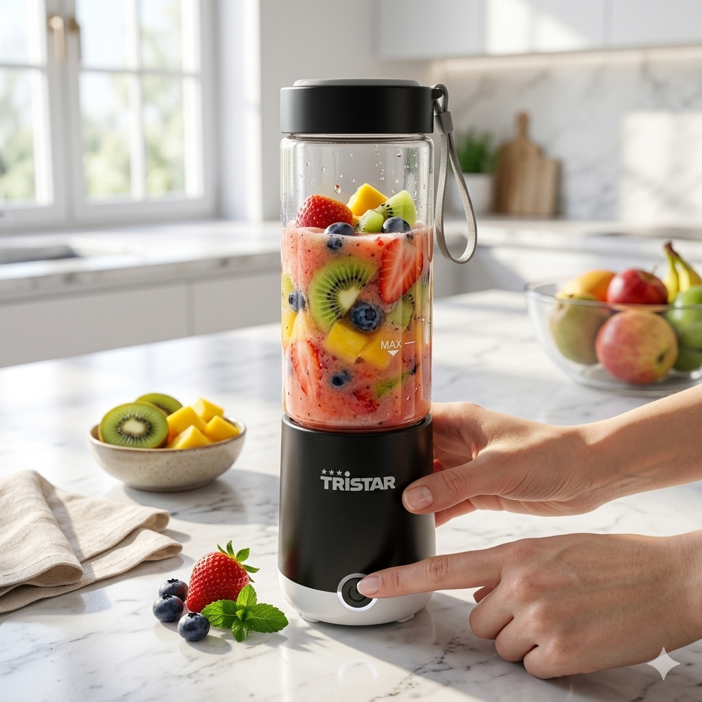 Blender Portabil Tristar PD-4981Z 🍓 380 ml, 25 W, 6 Lame Inox, Reîncărcabil USB, Recipient din Sticlă