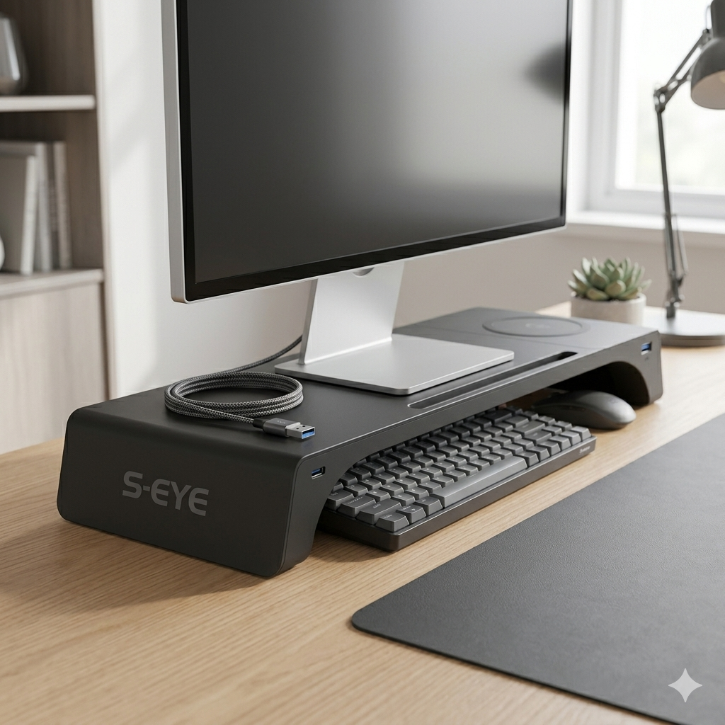 🖥️ Suport Monitor S-Eye cu Incarcare Wireless 15W, 2 x USB-A si Organizator Birou 55cm