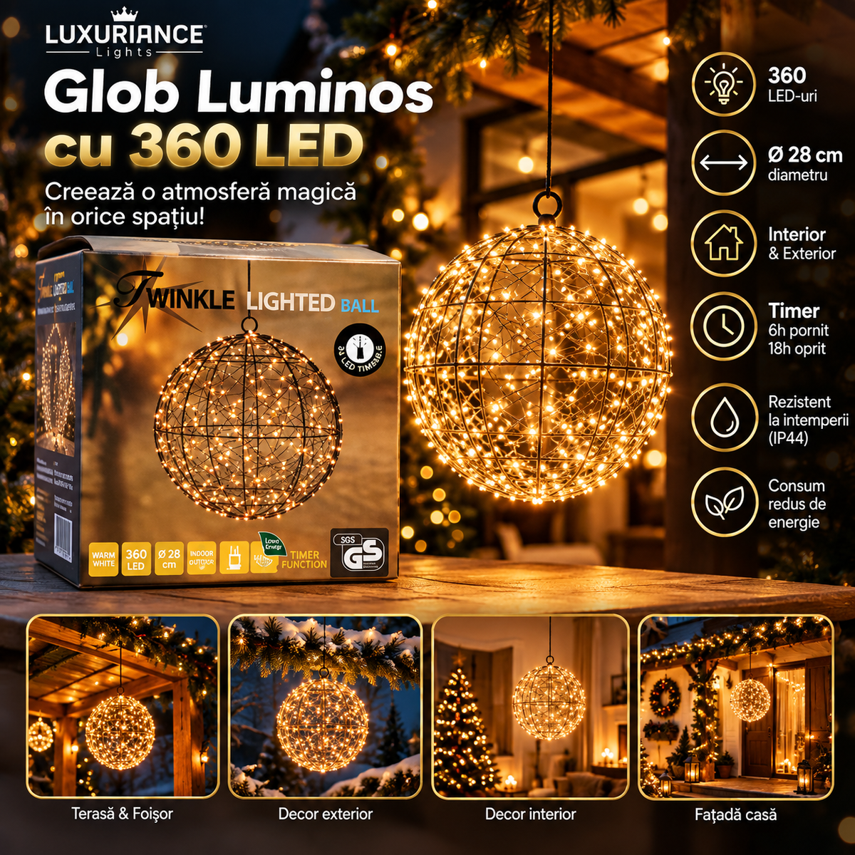 Glob luminos cu 360 LED-uri alb cald, Ø28 cm