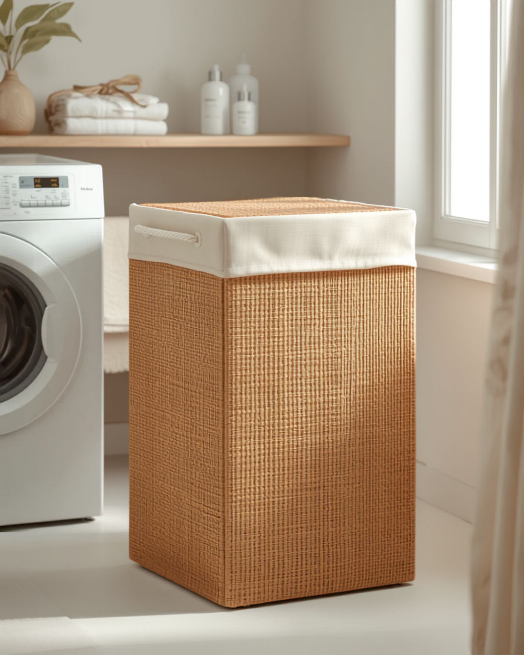 🧺 Coș de Rufe din Bambus 60L cu Capac și Căptușeală Textilă – 41,5x30x50 cm