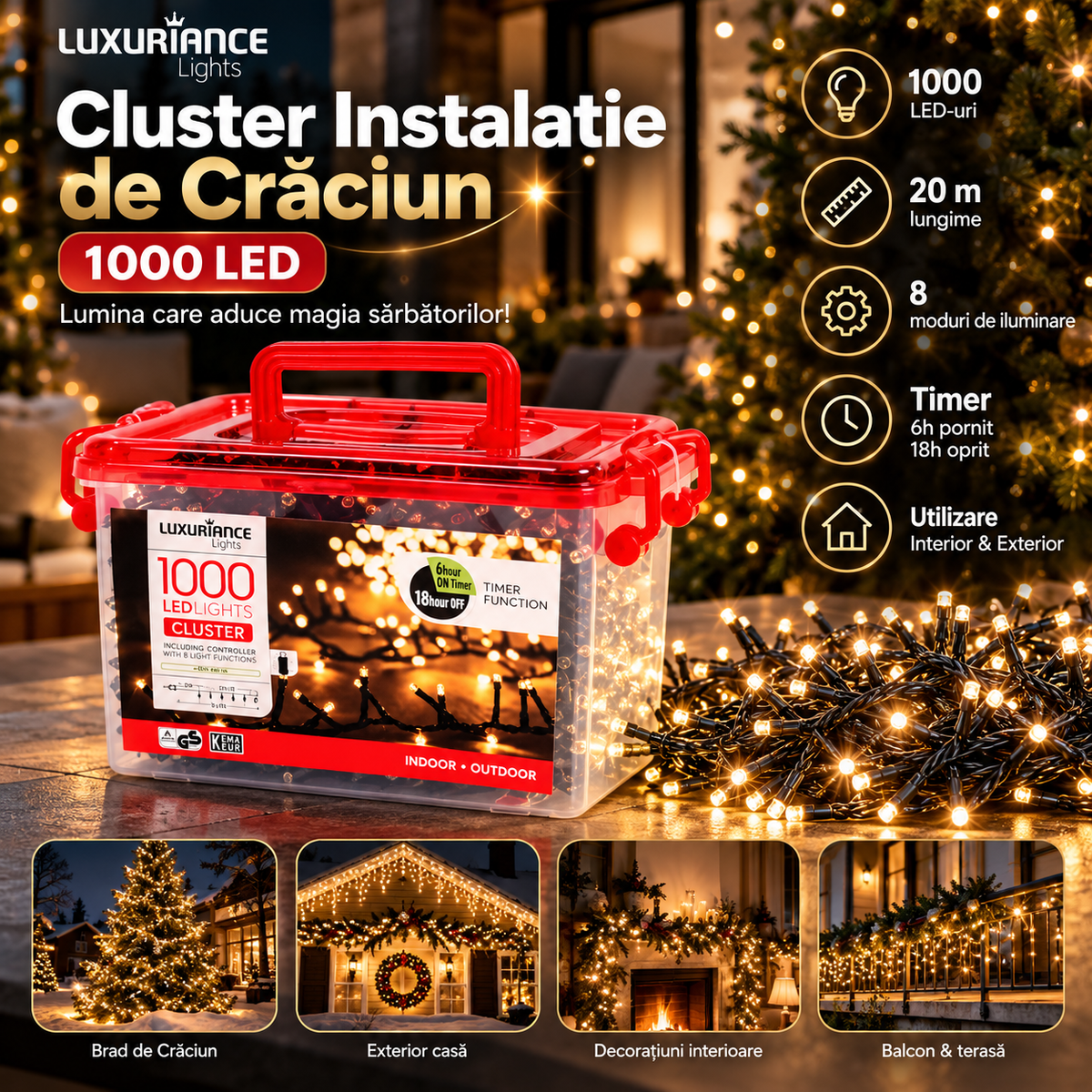 Cluster lumini de Crăciun cu 1000 LED-uri alb cald, 20 m